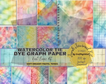Junkjournal Kit Dreamy Pastel Tie Dye Graph Paper Soft Watercolor Grid Background Printable Rainbow Digital Paper Light Grid Journal Sheets