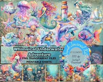 Whimsical Underwater Junk Journal Kit Páginas Imprimibles Ocean Acuarela Pastel Junkjournal Bundle Transparente Pngs Scrapbook Supply Clipart