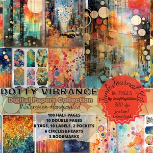 Junk Journal Digit Kit Bundle Colorful Pages Watercolor Background Textures Mixed Media Printable Scrapbook Dotty Vibrance Papers Collection