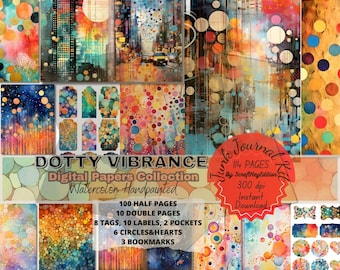 Junk Journal Digit Kit Bundle Colorful Pages Watercolor Background Textures Mixed Media Printable Scrapbook Dotty Vibrance Papers Collection