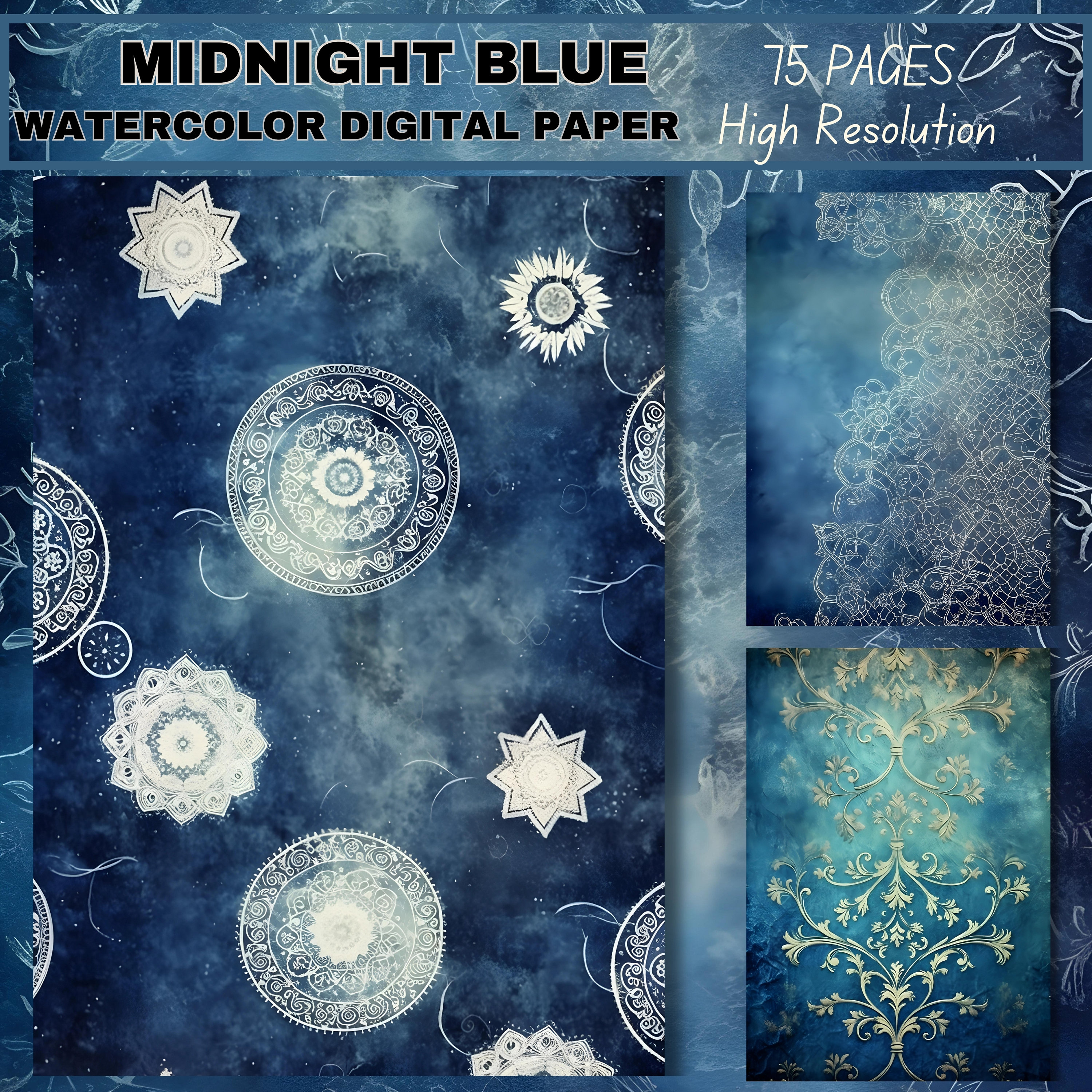 75 Midnight Blue Digital Papers in Watercolor Vintage Textures. Mixed ...