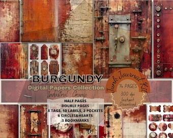Industrial Grunge Distress Junkjournal Bundle Kit Pages in Watercolor Vintage Textures. Mixed Media Supply Scrapbook Papers, Burgundy Grungy