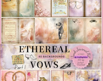 Ethereal Vows Wedding Junk Journal Kit, 40 Double Printable Pages, Bridal Scrapbook Papers, Vintage Wedding Ephemera, Marriage Art Journal