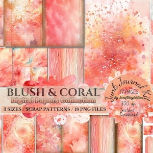 Blush Coral Watercolor Splash Clipart Peach Pink Transparent PNG Artistic Stains Digital Papers Printable Texture Blush Coral Backgrounds