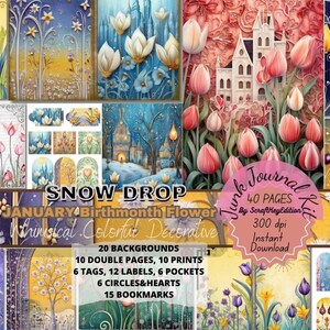 Junk Journal Suppli Digit Whimsical Scrapbook Digital Birth Month Printable Birthflower Birthmonth Junkjournaling Flower Kit Pages Snow Drop