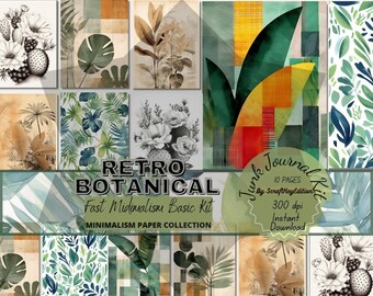 Junkjournal Kit Retro Botanical Minimalism Digital Papers Clean Line Foliage Prints Neutral Plant Art Backgrounds Midimalist Wall Decor