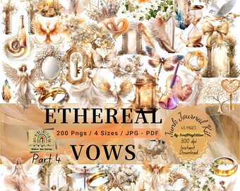 Ethereal Vows Wedding Clipart Bundle, 200 PNG Transparent, Junk Journal Ephemera, Printable Wedding Elements, Digital Scrapbook