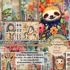 Junk Journal Kit Bundle Pages Whimsical Folk Art in Watercolor Background Textures. Mixed Media Printable Scrapbook, Animals Decore Pack