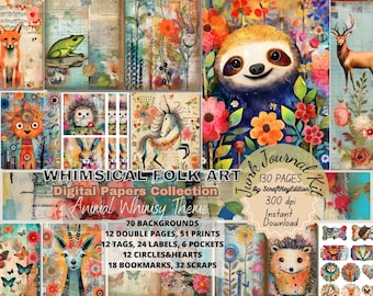 Junk Journal Kit Bundle Pages Whimsical Folk Art in Watercolor Background Textures. Mixed Media Printable Scrapbook, Animals Decore Pack