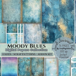 Dreamy Faded Distressed Junk Journal Pages Vintage Blue Watercolor Grunge Textures Blue Digital Paper Aged Printable Vintage Scrapbook Paper