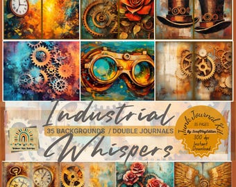 Abstract Steampunk Digital Papers, Painterly Grunge Backgrounds, Industrial Gear Textures, Fantasy Junk Journal Scrapbook Kit,Junkjournaling