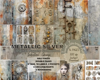 Industrial Grunge Distress Junkjournal Bundle Kit Pages in Watercolor Vintage Textures. Mixed Media Scrapbook Papers, Metallic Silver Grungy