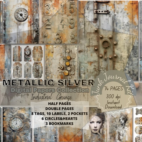Industrial Grunge Distress Junkjournal Bundle Kit Pages in Watercolor Vintage Textures. Mixed Media Scrapbook Papers, Metallic Silver Grungy
