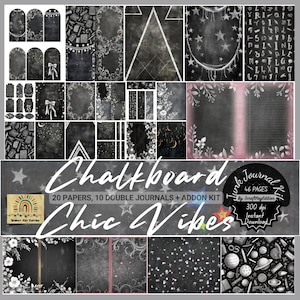 Puede incluir: Un kit de diario digital con temática de pizarra. La imagen presenta varios papeles, páginas de diario y elementos decorativos en tonos negro, blanco y gris. El texto incluye "Chalkboard Chic Vibes" y "Junk Journal Kit".