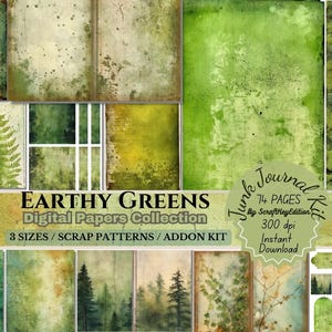 Earthy Greens Distressed Digital Paper Botanical-Inspired Vintage Junkjournaling Backgrounds Aged Patina Scrapbook Kit Printable Grunge CU