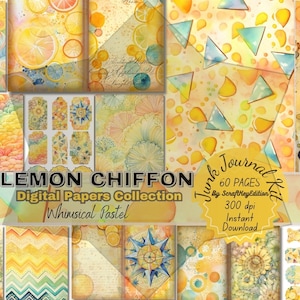 May include: A digital paper pack with 60 pages of whimsical pastel lemon themed designs. The pack includes patterns with lemons, clouds, stars, and geometric shapes. The text "Lemon Chiffon Digital Papers Collection Whimsical Pastel" and "Junk Journal Kit 60 Pages By ScraftHeyEdition 300 dpi Instant Download" is included in the image.