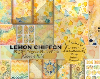 Whimsical Pastel Junkjournal Bundle Kit Pages in Watercolor Background Textures Mixed Media Printable Scrapbook, Lemon Yellow Giftful Papers