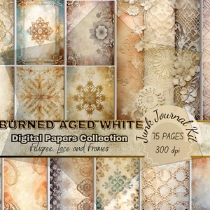 May include: A digital paper pack with 75 pages of burned aged white filigree, lace, and frame designs. The pack is 300 dpi.