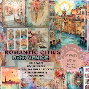 Junk Journal Digit Kit Love Story Printable Venice Junkjournal Pages Watercolor Vintage Boho Mixed Media Scrapbook Papers Valentine Romantic