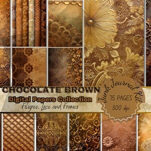 May include: A digital paper pack with 15 pages of brown and gold patterned designs. The designs include filigree, lace, and frames. The pack is 300 dpi.