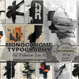 Junkjournal Page Monochrome Typography Collage Digital Paper Black White Text Backgrounds Minimalist Scrapbook Ephemera Kit Junk Journal