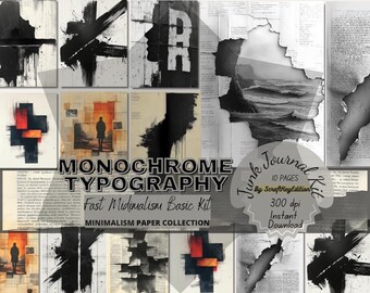 Junkjournal Page Monochrome Typography Collage Digital Paper Black White Text Backgrounds Minimalist Scrapbook Ephemera Kit Junk Journal