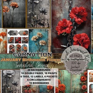 Junk Journal Suppli Digit Junkjournaling Flower Kit Pages Junk Journal Grunge Digital Birth Month Printable Birthflower Birthmonth Carnation