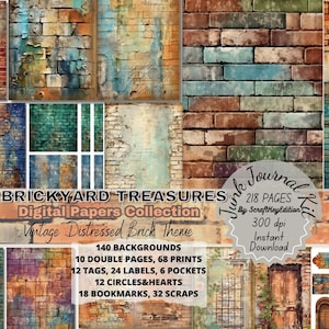 Junk Journal Kit Bundle Vintage Pages in Distressed Background Textures. Mixed Media Printable Scrapbook, Brick Craft Papers Collection
