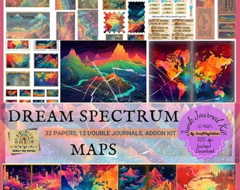 Colorful Junk Journal Maps, Vibrant Journal Pages, Junk Journal Supply, Junk Journal Kit, Vintage Ephemera, Rainbow Junk Journal, Map Addon