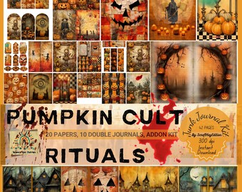 Creepy Gothic Pumpkin Horror Digital Paper, Cult Halloween Junk Journal Kit, Spooky Vintage Ephemera Creepy Printable Scrapbook Pack Art