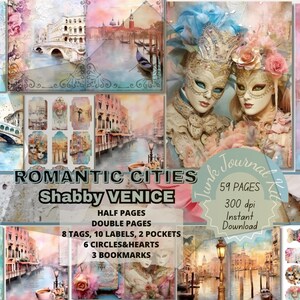 Junk Journal Love Story Printable Venice Junkjournal Pages in Watercolor Vintage Sabby Chic. Mixed Media Scrapbook Papers Valentine Romantic