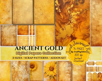 Junkjournaling Aged Vintage Ancient Gold Digital Papers Elegant Ornate Vintage Gold Scrapbook Kit Textured Metallic Aged Gold Backgrounds