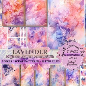 Lavender Indigo Watercolor Splash PNG Printable Textures Purple Blue Clipart Junk Journal Kit Backgrounds Artistic Stain Digital Paper Pack
