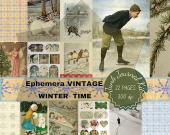 Winter Time Vintage Digital Download Printful Giftful Papers Junkjournal Ephemera Junkjournaling Kit Pages Vertical Printables