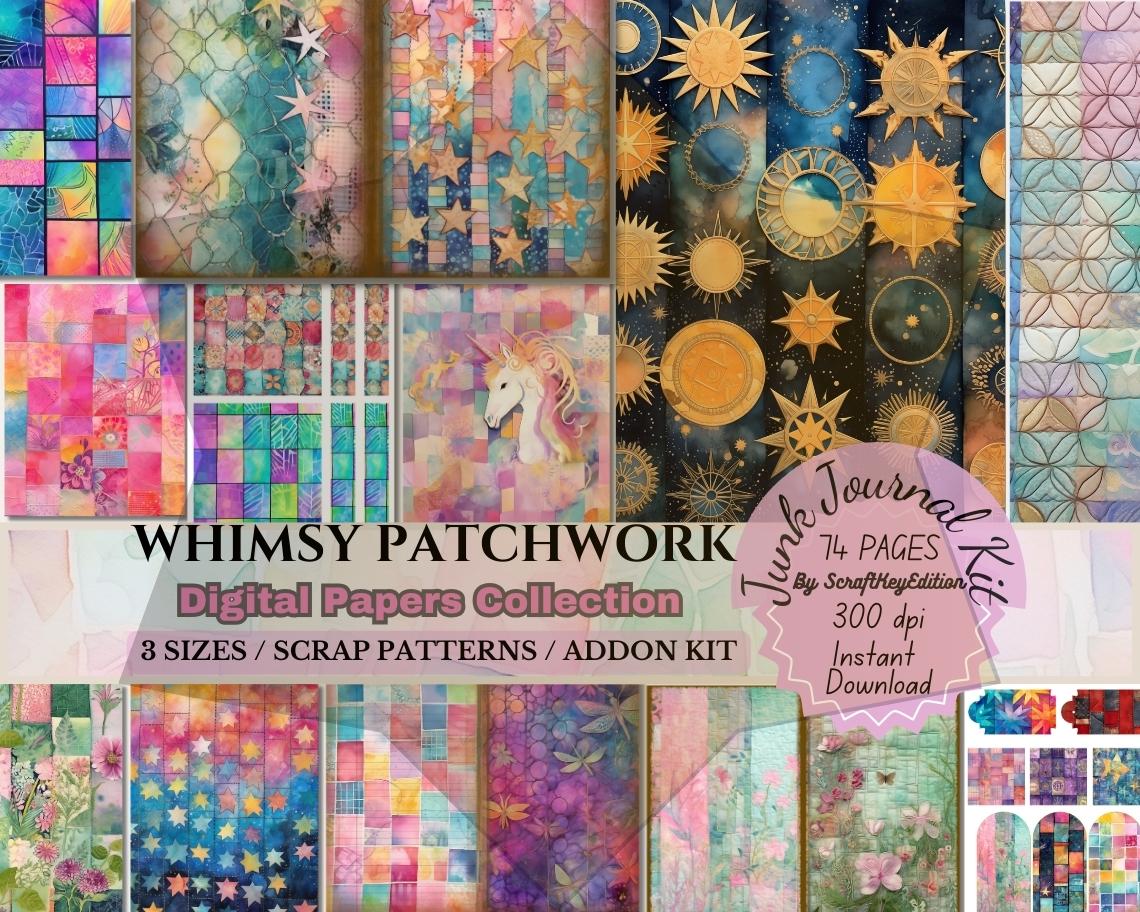 Junkjournaling Kit Whimsical-Fantasy Patchwork Digital Quilt Patterns Dreamlike-Mystical Scrapbooking Celestial-Magical Junk Journal Papers