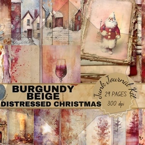 Natale in difficoltà Capodanno Borgogna Beige Digitale scaricato Printful Giftful Papers Junkjournal Ephemera Junkjournaling Kit Pagine regalo