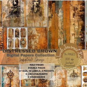 Industrial Grunge Distress Junkjournal Bundle Pages in Watercolor Vintage Textures. Mixed Media Scrapbook Papers, Distressed Brown Grungy