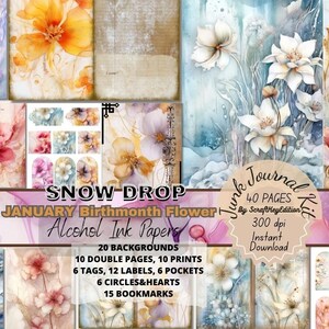 Junkjournaling Flower Kit Pages Junk Journal Suppli Digit Alcohol Ink Paper Digital Birth Month Printable Birthflower Birthmonth  Snow Drop