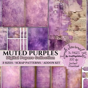 Distressed Vintage Muted Purple Digital Paper Aged Textured Antique Violet Junkjournaling Pages Faded Shabby Lavender Scrapbook Backgrounds