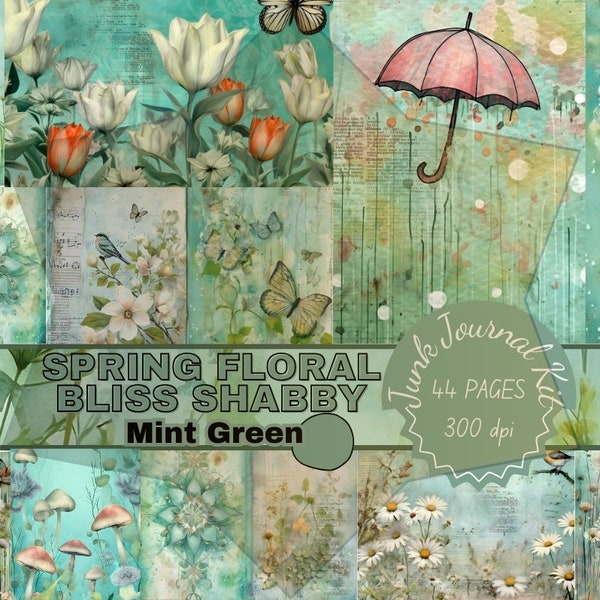 Junkjournal Bundle Spring Floral Shabby Chic Printful Gift Papers Ephemera Junkjournaling Kit Pages Valentine's Day Mint Green Junk Journal