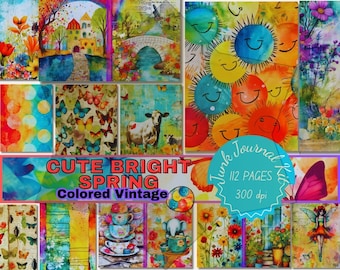 May include: A digital collage kit with 12 pages of colorful, vintage-style illustrations. The kit features images of butterflies, flowers, teacups, a cow, a castle, and a bridge. The text "Cute Bright Spring Colored Vintage" and "Junk Journal Kit 12 Pages 300 dpi" is included in the image.