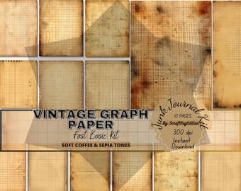 Junkjournal Kit Printable Vintage Graph Paper Digital Coffee-Stained Paper Aged Sepia Junk Journal Antique Paper Grunge Background Ephemera