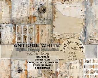 Industrial Grunge Distress Junkjournal Bundle Kit Pages in Watercolor Vintage Textures. Mixed Media Scrapbook Papers, Antique White Grungy