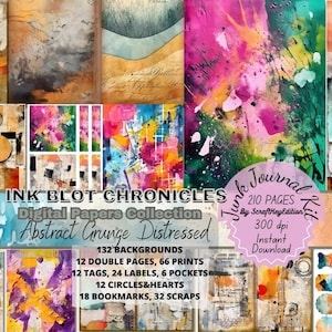 Junk Journal Kit Bundle Pages Abstract Distressed Grunge in Watercolor Background Textures.Mixed Media Printable Scrapbook Textured Abstract