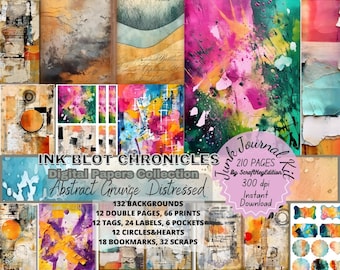 Abstract Grunge Junk Journal Kit – Distressed Watercolor Printable Scrapbook Papers