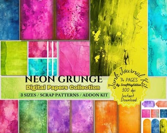 Könnte beinhalten: Eine digitale Papiersammlung mit Neon-Grunge-Thema. Die Sammlung umfasst 74 Seiten digitaler Papiere in 3 Größen, mit Scrap-Mustern und einem Add-on-Kit. Die Papiere zeichnen sich durch leuchtende Farben wie Pink, Grün, Blau und Gelb aus.
