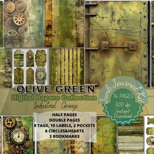 Industrial Grunge Distress Junkjournal Bundle Kit Pages in Watercolor Vintage Textures. Mixed Media Scrapbook Papers, Olive Green Grungy Set