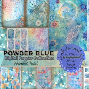 Junk Journal Digit Kit Bundle Pages Whimsical Pastel in Watercolor Background Textures. Mixed Media Printable Scrapbook, Blue Giftful Papers