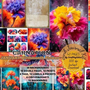 Junkjournaling Flower Kit Pages Colourful Flowers Digital Birth Month Printable Birthflower Junk Journal Suppli Digit  Birthmonth Carnation