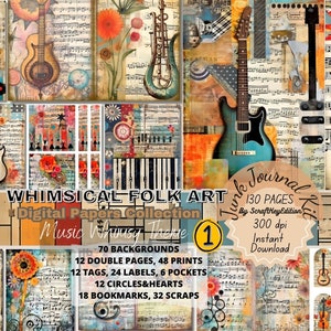 Junk Journal Digit Kit Bundle Pages Whimsical Folk Art Watercolor Background Textures Mixed Media Printable Scrapbook Musical Printful Paper